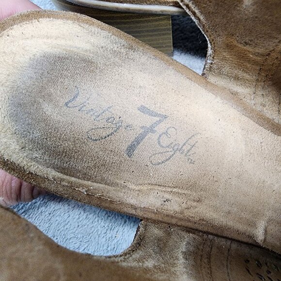 Vintage 7 Eight Womens Size 8 Lenora Brown Perforated Suede Heeled Sandals *GUC* - Picture 11 of 13